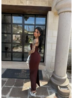 Kahve Yaka Aksesuarlı Straplez Elbise