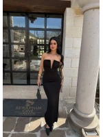 Siyah Yaka Aksesuarlı Straplez Elbise