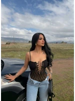 Siyah Kuşgözü Dantelli Bodysuit