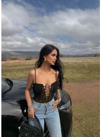 Siyah Kuşgözü Dantelli Bodysuit