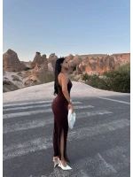 Kahve Halter Yaka Aksesuarlı Elbise