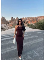 Kahve Halter Yaka Aksesuarlı Elbise