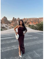 Kahve Halter Yaka Aksesuarlı Elbise