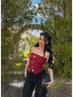 Bordo Sun Aksesuarlı Straplez Crop