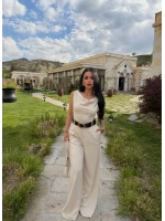 Bej Kayık Yaka Kemerli Tulum