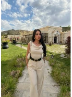 Bej Kayık Yaka Kemerli Tulum