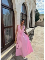 Pembe Sırt Dekolte Dökümlü Maxi Elbise