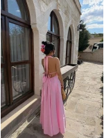 Pembe Sırt Dekolte Dökümlü Maxi Elbise