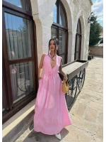Pembe Sırt Dekolte Dökümlü Maxi Elbise