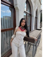 Bej Düğmeli Straplez Takım