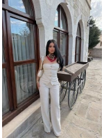 Bej Düğmeli Straplez Takım