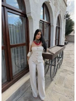 Bej Düğmeli Straplez Takım