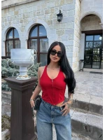 Kırmızı Fermuarlı Korse Crop