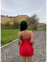Kırmızı Aksesuarlı Mini Saten Elbise