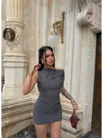 Gri Kayık Yaka Droplu Elbise