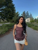 Kahve Omuz Bağcıklı Puantiyeli Bluz