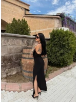 Siyah Boyundan Bağlamalı Aksesuarlı Elbise