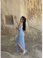 Mavi Çift Yırtmaçlı Modal Elbise