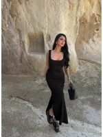 Siyah Çift Yırtmaçlı Modal Elbise