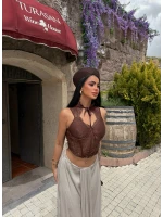 Kahve Boyundan Bağcıklı Güpürlü Korse