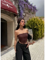 Kahve Sırt Dekolte Balenli Korse