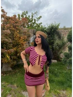 Mor Göğüs Bağcıklı Line Triko Takım
