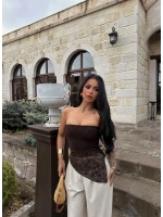 Kahve İçi Astarlı Flok Straplez