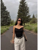 Siyah İp Askılı Degaje Bodysuit