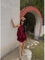 Bordo Şifon Boyundan Geçmeli Elbise