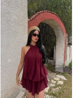 Bordo Şifon Boyundan Geçmeli Elbise