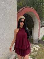 Bordo Şifon Boyundan Geçmeli Elbise