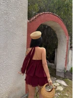 Bordo Şifon Boyundan Geçmeli Elbise