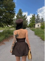 Kahve Çizgili Retro Balon İkili Takım