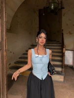 Mavi Göğüs Bağcıklı Biyeli Crop