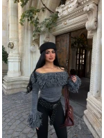 Antrasit Püsküllü Crop Kazak