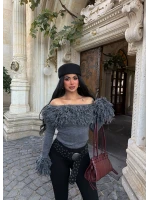 Antrasit Püsküllü Crop Kazak