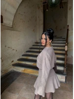 Bej Bel Büzgülü Selanik Elbise