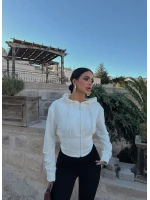 Beyaz Bel Korseli Kapşonlu Hırka
