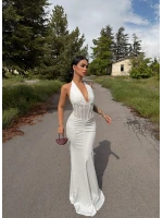Beyaz Bel Korseli Maxi Elbise