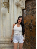 Beyaz Boyundan Geçmeli Dantelli Crop