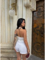 Beyaz Boyundan Geçmeli Dantelli Crop
