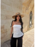 Beyaz Çift Yırtmaçlı Denim Straplez