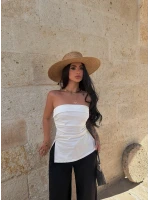 Beyaz Çift Yırtmaçlı Denim Straplez