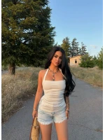 Beyaz Çift Yırtmaçlı Modal Bluz
