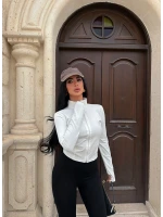 Beyaz Fermuarlı Dik Yaka Crop