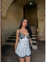 Beyaz Garnili Puantiyeli Elbise