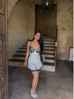 Beyaz Garnili Puantiyeli Elbise