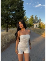 Beyaz Kabartma Güpürlü Straplez