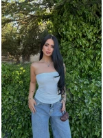 Beyaz Kabartma Straplez Crop
