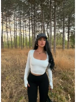 Beyaz Kare Yaka Çift Kat Crop